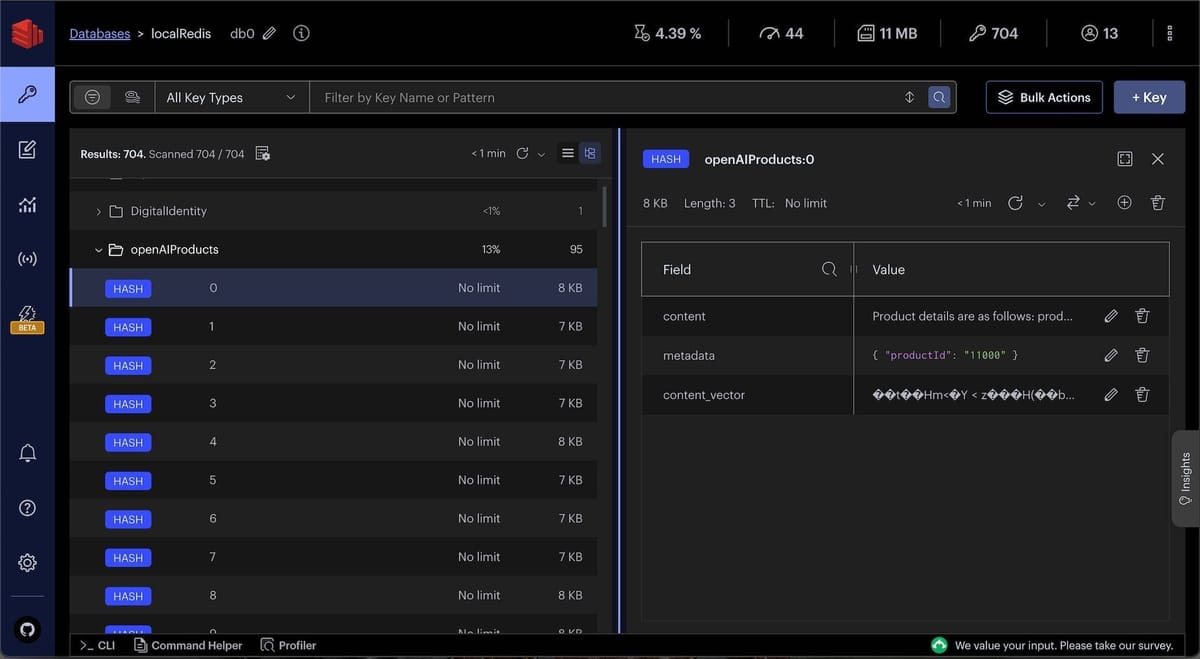 Redis Insight showing OpenAI product embeddings stored as JSON