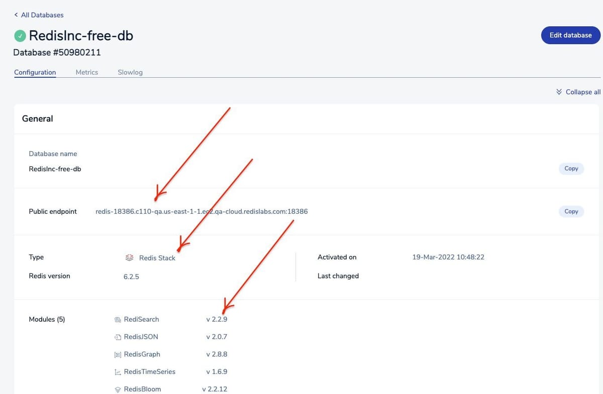 Viewing the Redis Cloud database endpoint and credentials