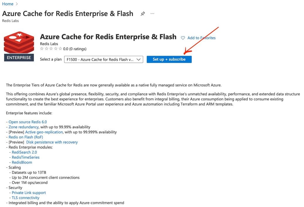 Setup and subscribe page for Redis Cloud on Azure