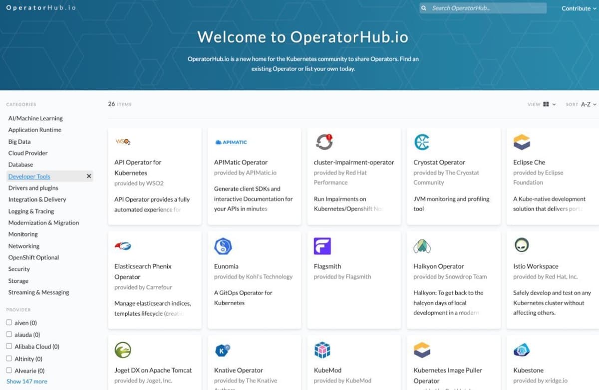Logo of OperatorHub.io, the public registry for finding Kubernetes Operators