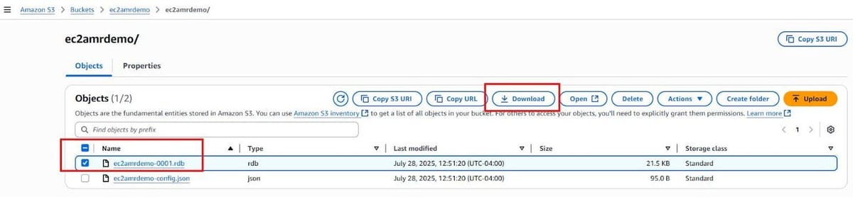 Downloading the generated .rdb file from the S3 bucket