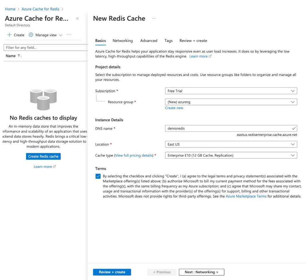 Configuring a new Redis Cache instance with resource group and location