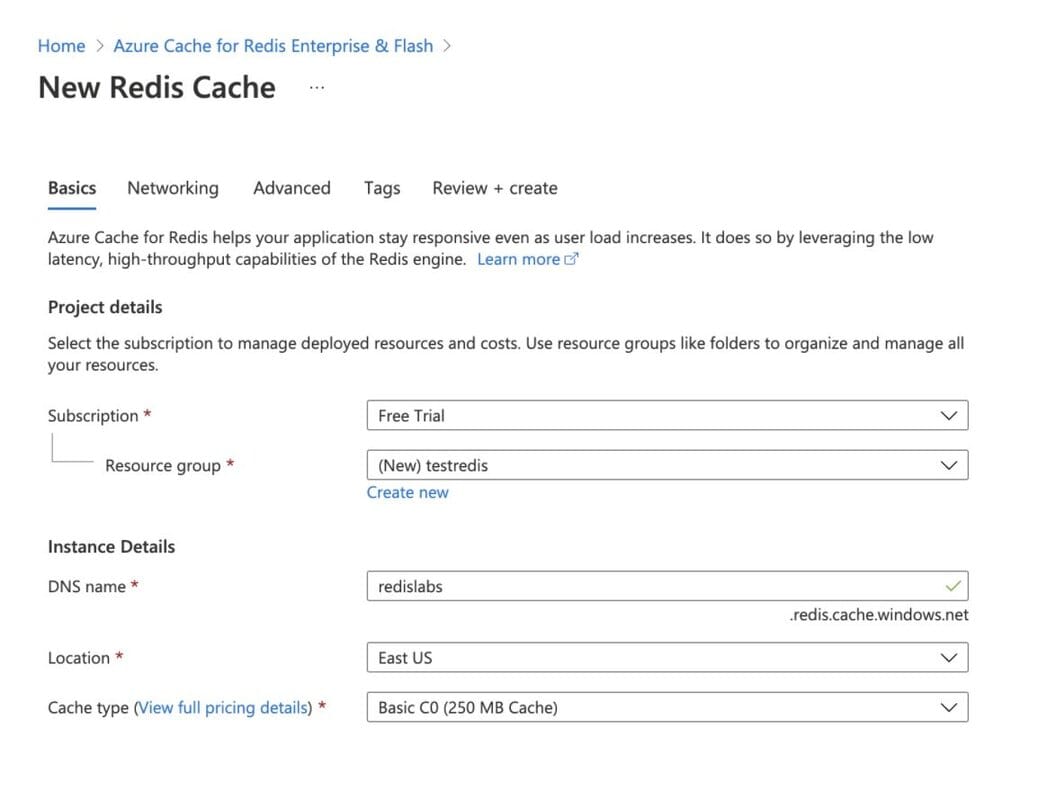 Configuring a new Redis cache instance in the Azure portal