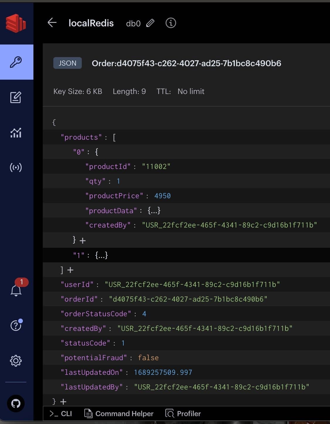 Redis Insight view showing an Order document stored as a JSON object