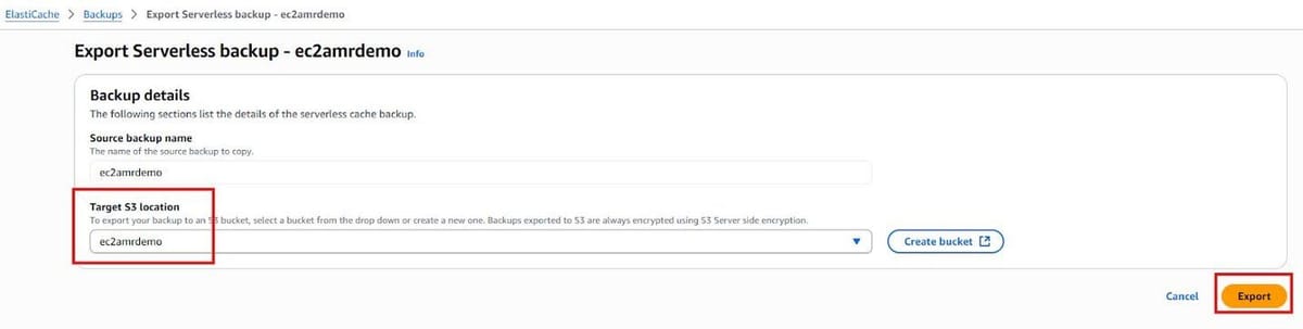 Selecting the target AWS S3 location for ElastiCache export