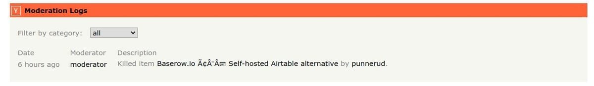 Hacker News clone moderation logs screen