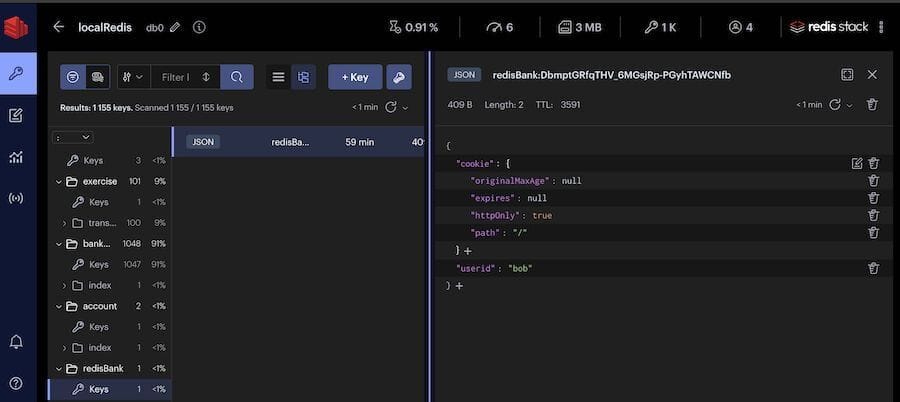 Redis Insight showing a session entry stored in Redis