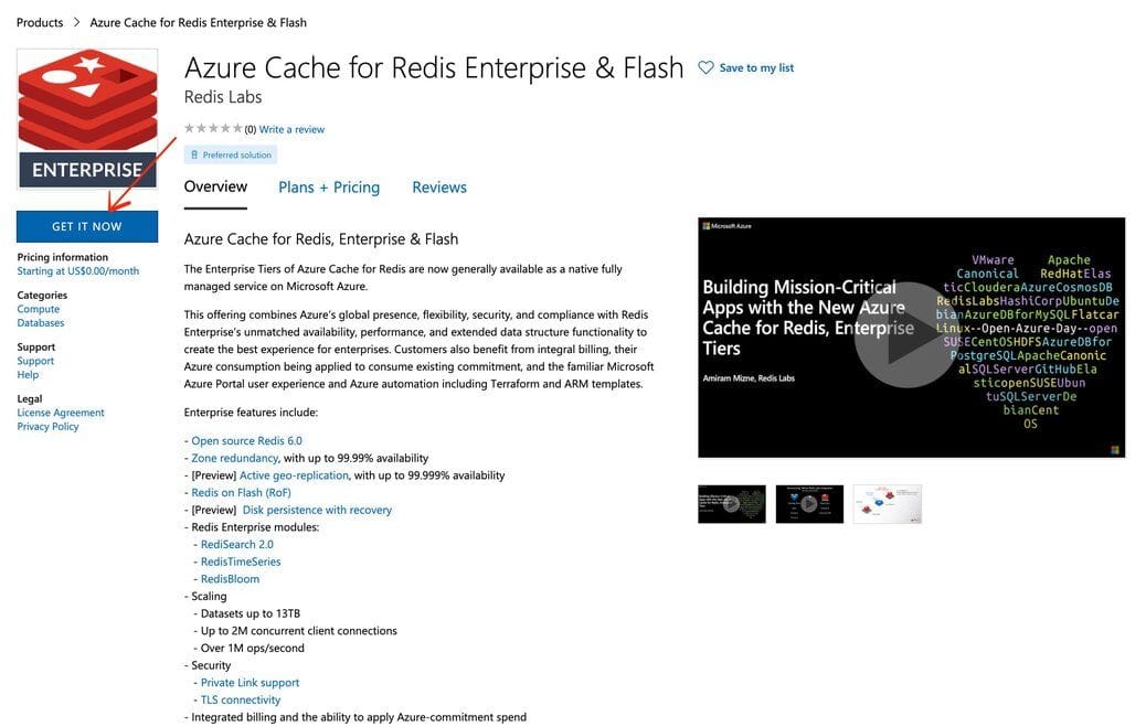 Azure Marketplace page for Redis Cloud and Flash