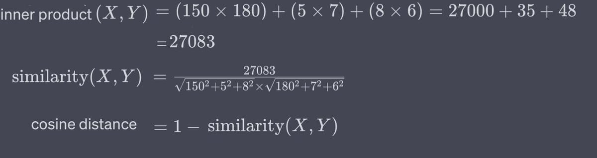 Table showing data used for calculating Cosine Distance between two products