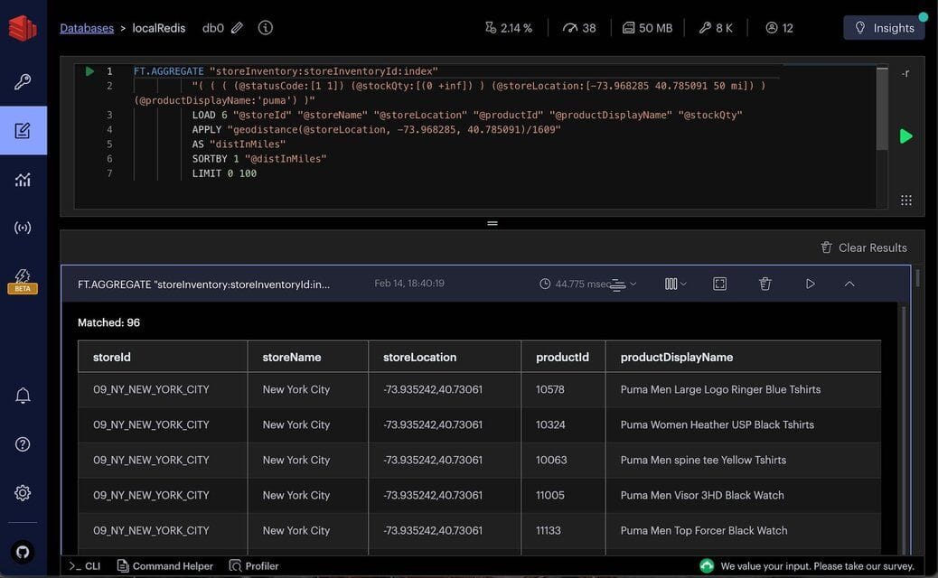 Redis Insight showing FT.AGGREGATE results with calculated distance in miles