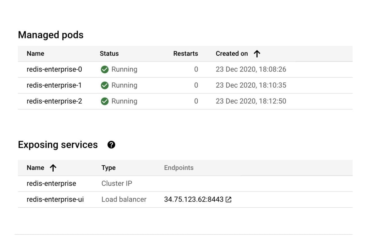Google Cloud Dashboard UI showing the list of GKE services and pods