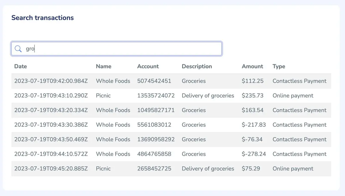 Dashboard search widget for filtering bank transactions