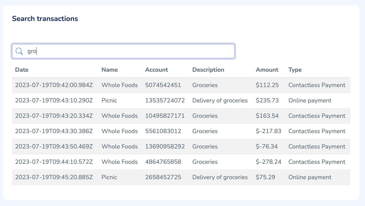 Dashboard search widget for filtering bank transactions