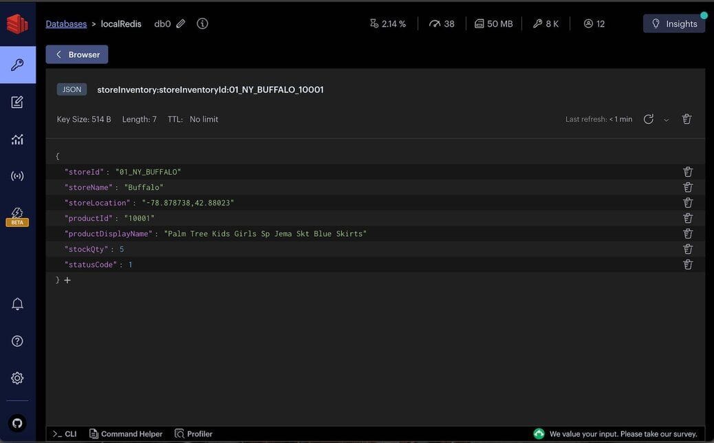 Redis Insight exploring the storeInventory JSON collection