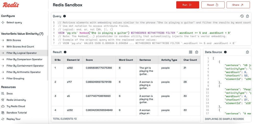 Redis Sandbox showing value similarity combined with a logical data filter