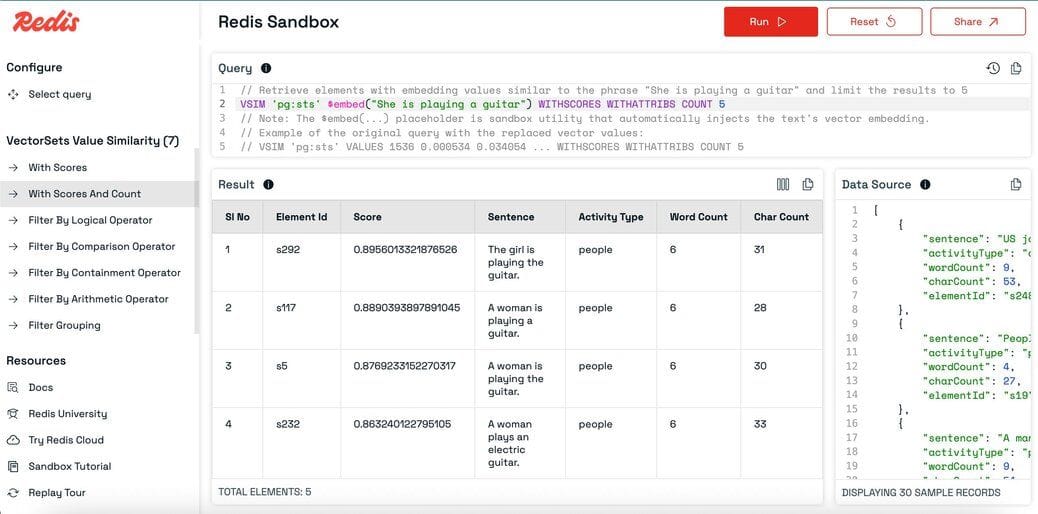 Redis Sandbox showing similarity search results for a provided vector value