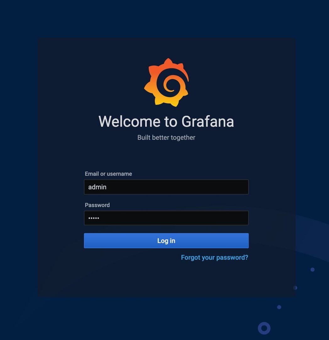 Grafana login and dashboard overview