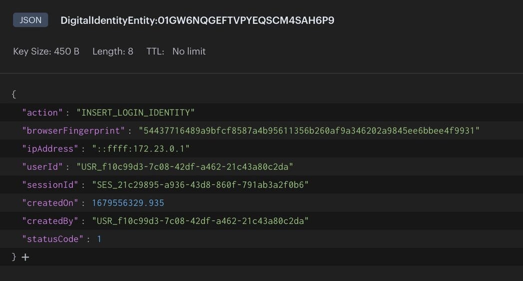 Digital identity service reading from streams and storing as JSON in Redis