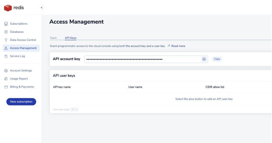 Redis Cloud Access Management screen for API Keys