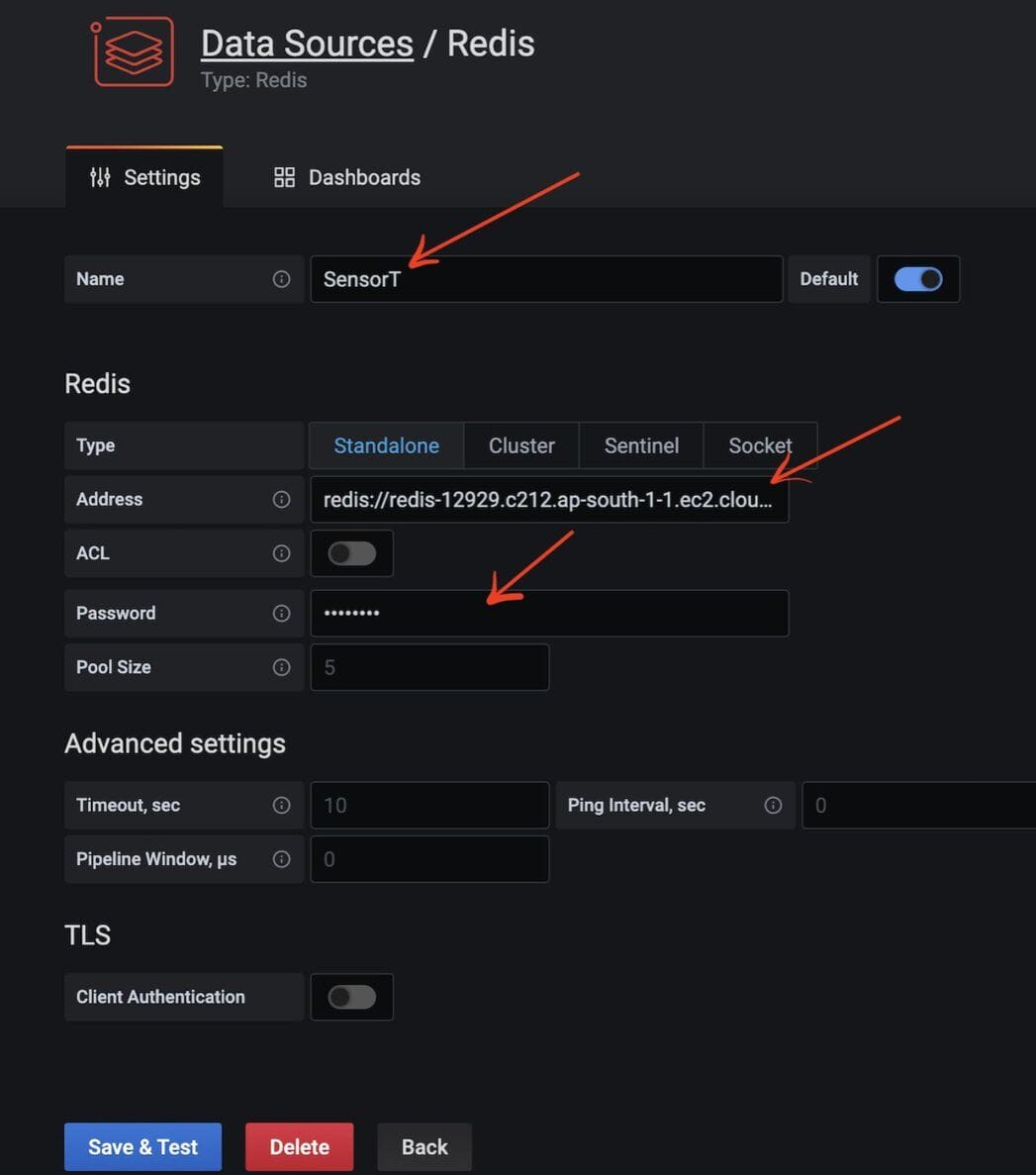 Configuring Redis data source connection settings
