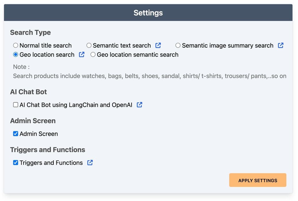 E-commerce app settings page for search configuration