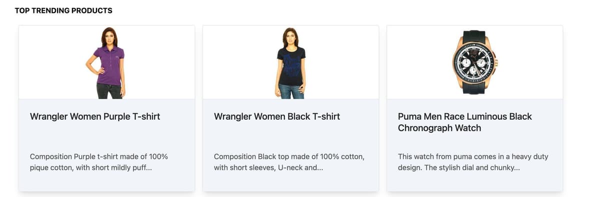 Admin panel view showing trending products