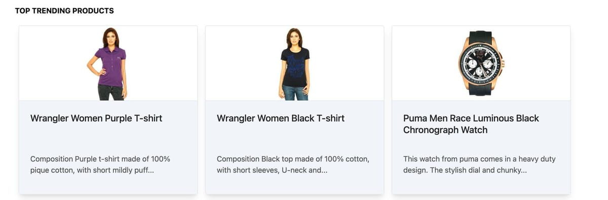 Admin panel view showing trending products in the e-commerce application