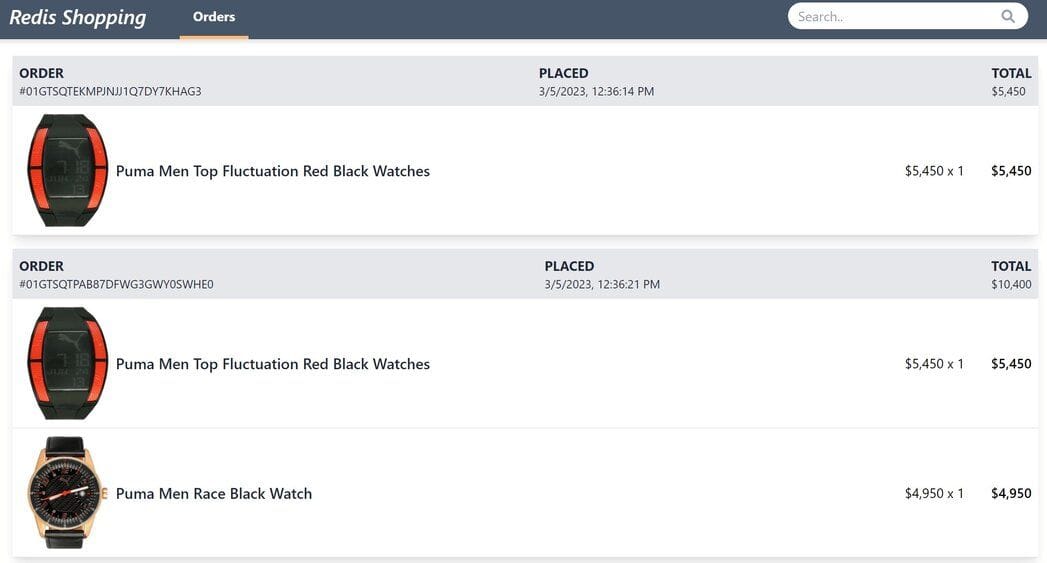 E-commerce app order history view