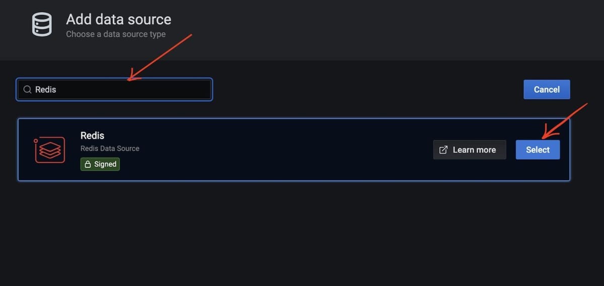 Selecting Redis as the data source type in Grafana