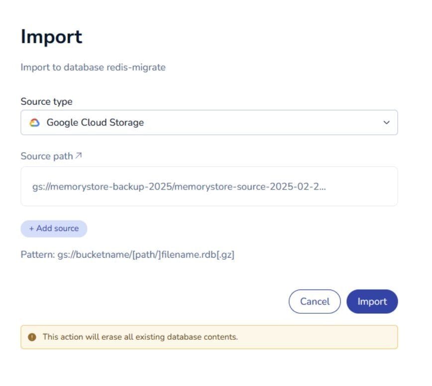 Redis Cloud Console Import RDB from Google Cloud Storage