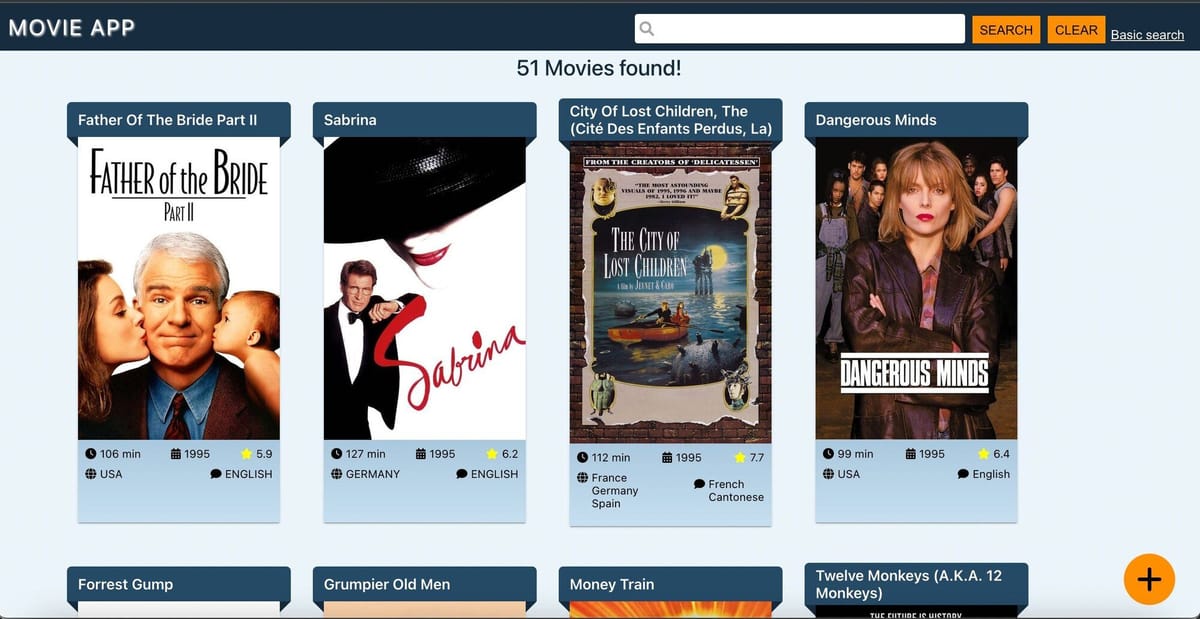 Movie application dashboard showing a search bar and movie cards
