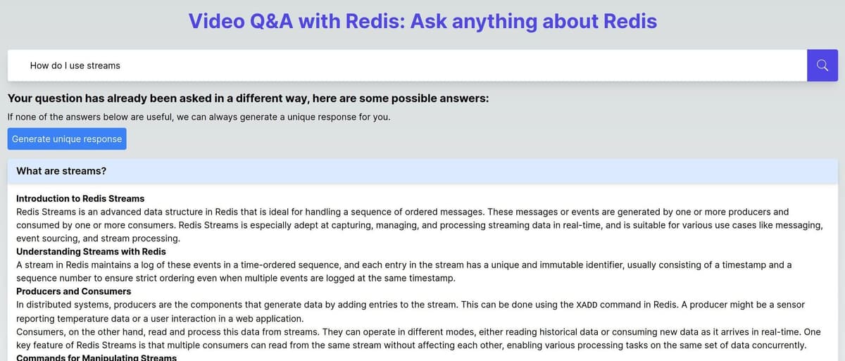 Application dashboard displaying the AI-generated answer and relevant video clips