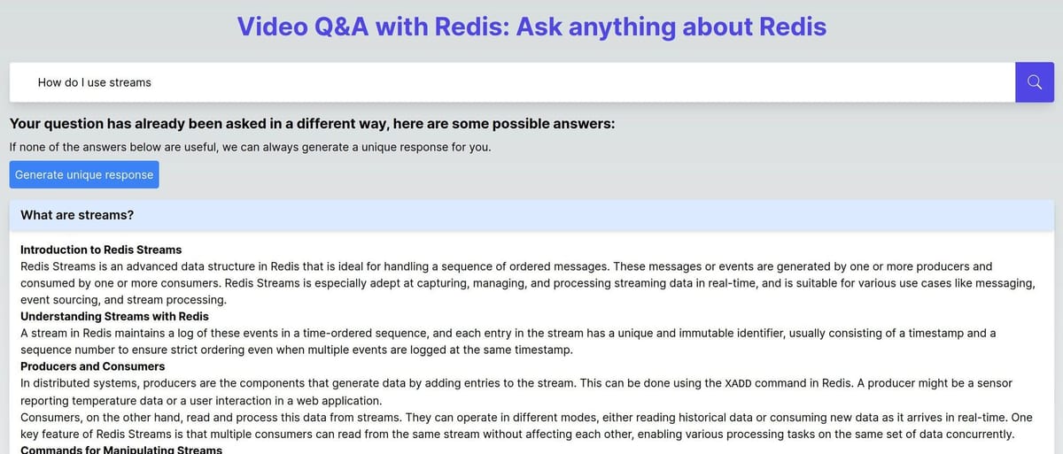 Application dashboard displaying the AI-generated answer and relevant video clips
