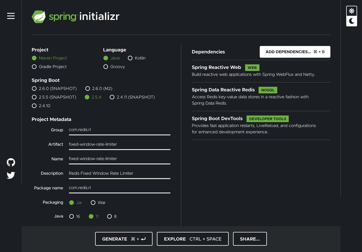Spring Initializr configuration for a reactive rate limiter project