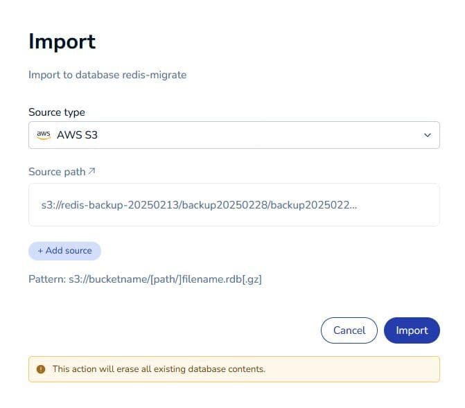 Redis Cloud Console Import RDB from AWS S3
