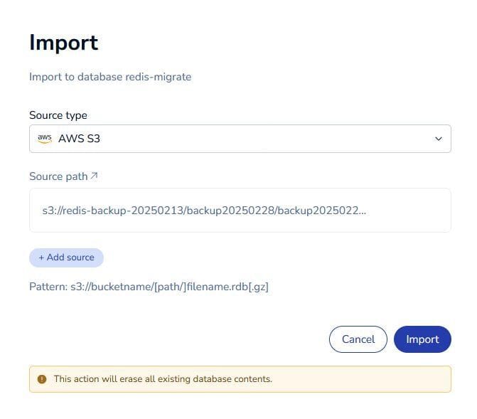 Redis Cloud Console Import RDB from AWS S3