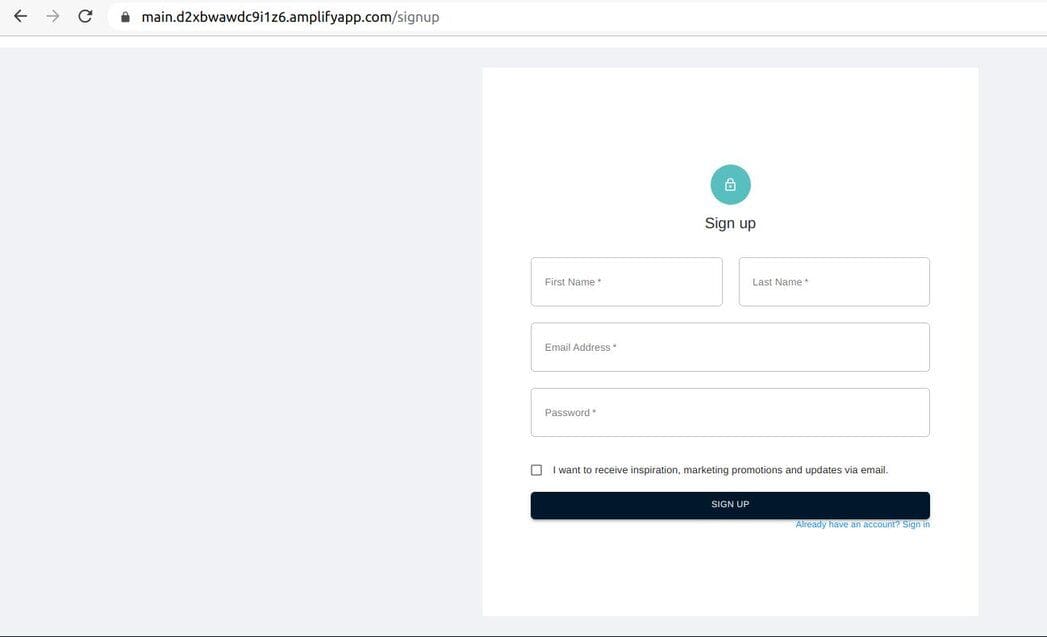 User sign-up page for the digital auction application