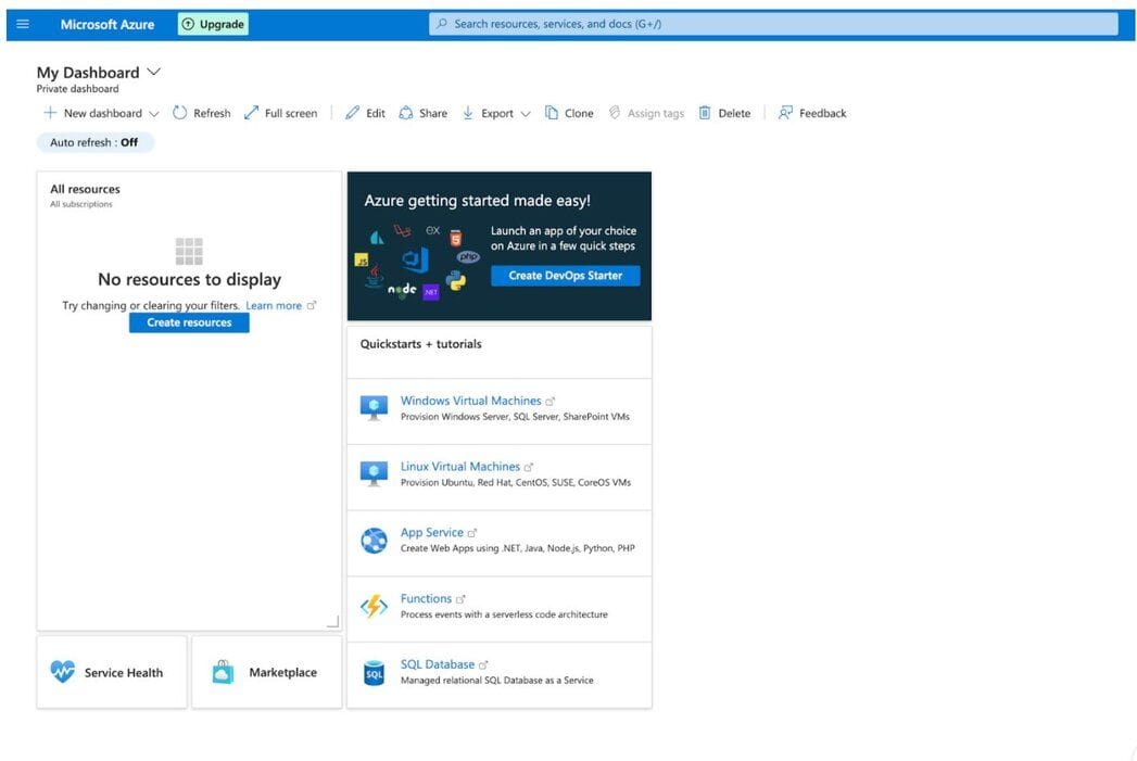 Microsoft Azure Portal login and subscription page