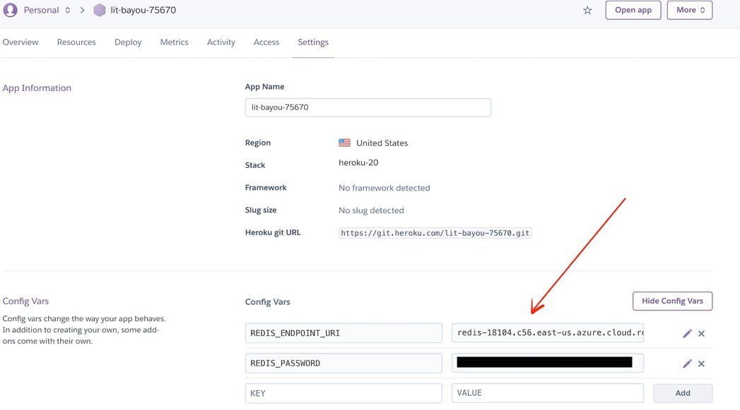 Configuring Redis environment variables in the Heroku dashboard settings