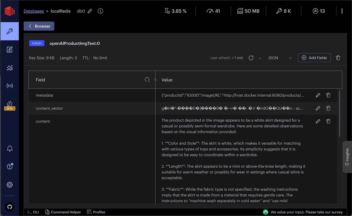 Redis Insight showing OpenAI image summary stored as JSON in Redis