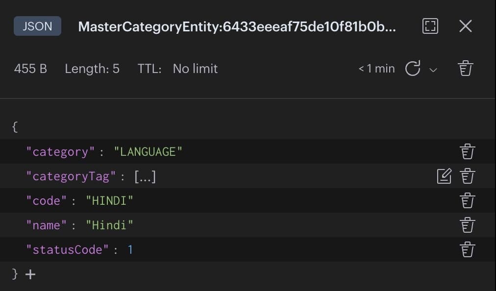 Redis Insight showing master data categories stored as JSON documents