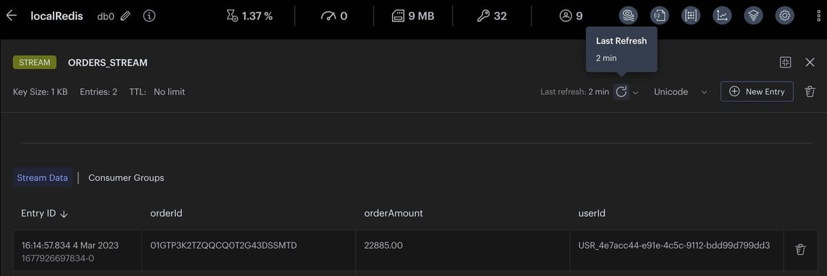 Redis Insight showing entries in the ORDERS_STREAM signaling new order creation