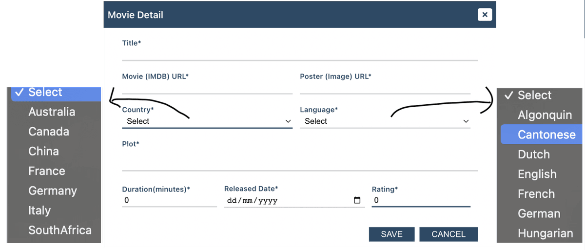 Pop-up dialog for adding movie details with country and language selection