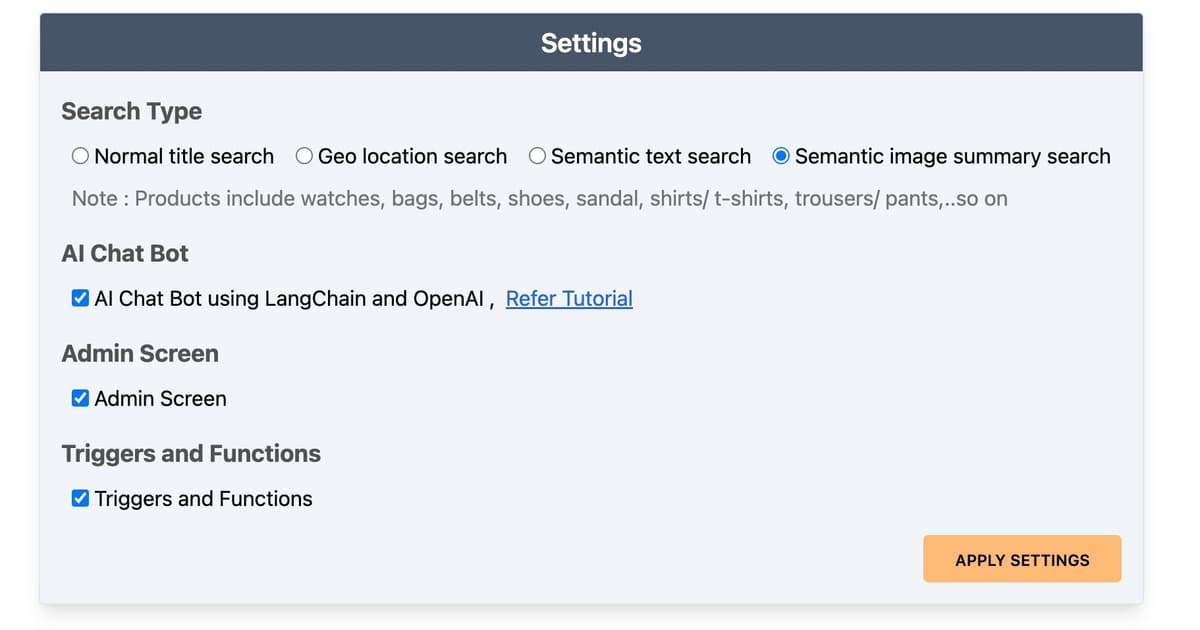 Settings page for controlling search functionality and UI components