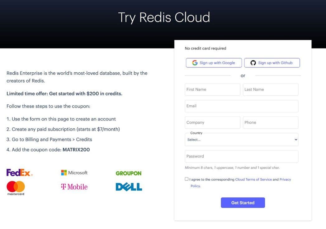 Redis Cloud login and registration page
