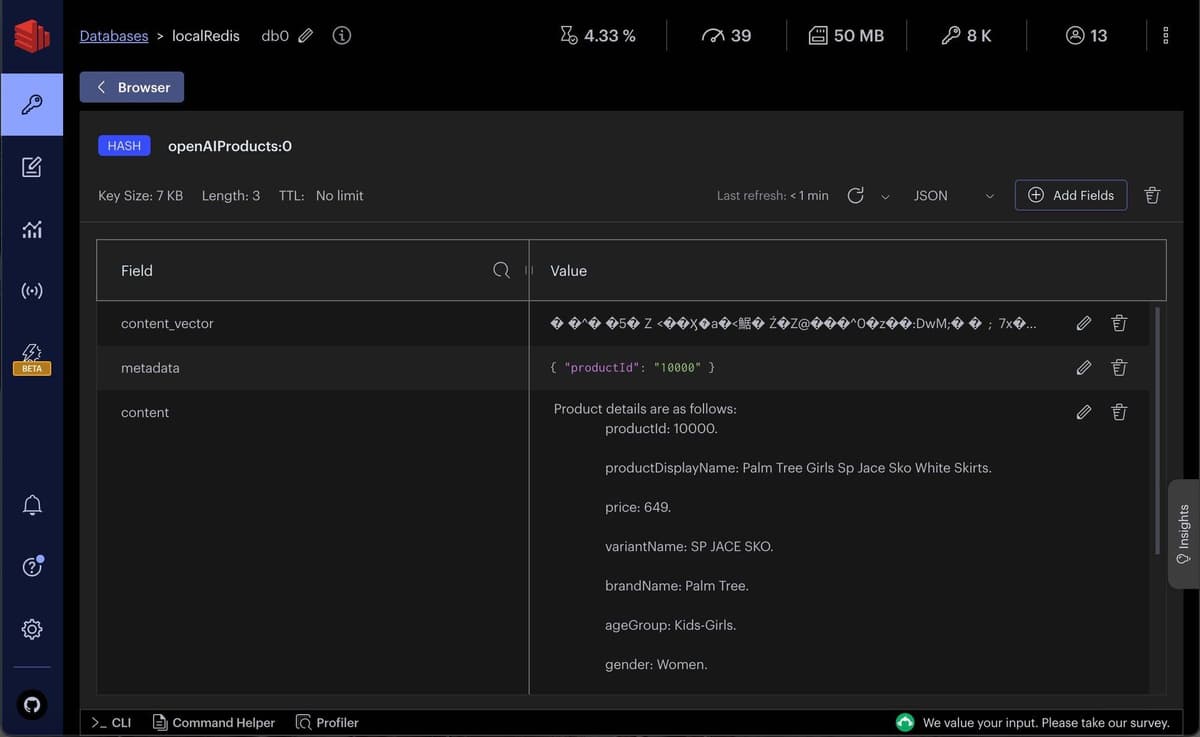 Redis Insight showing product details with OpenAI-generated embeddings