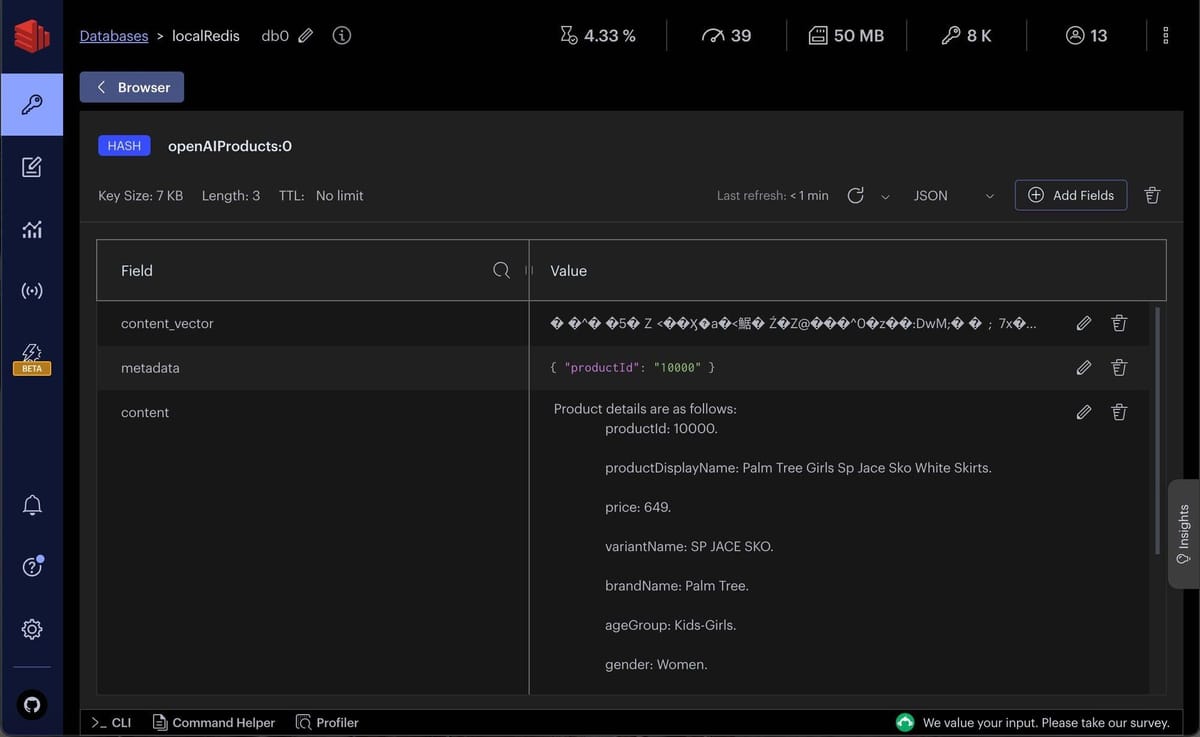 Redis Insight showing product details with OpenAI-generated embeddings