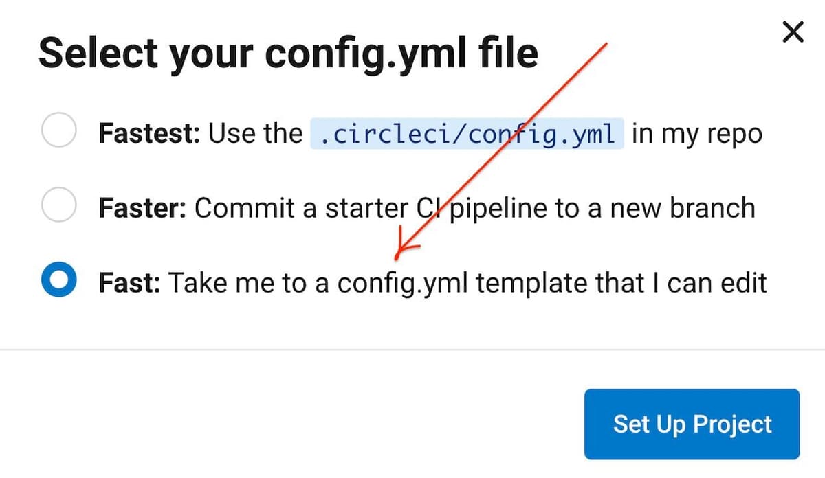 Selecting a sample configuration in CircleCI