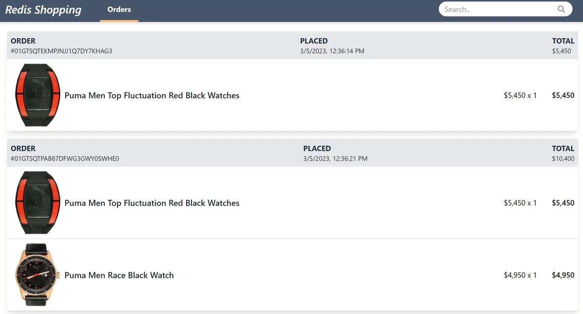 Order history view showing processed transaction statuses