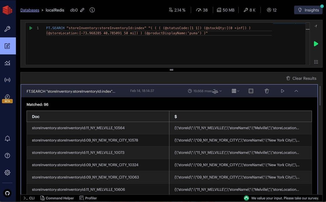 Redis Insight showing FT.SEARCH results for products within a 50-mile radius
